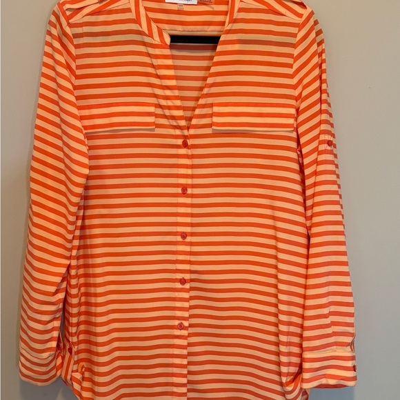 Calvin Klein Blouse Medium V-Neck Orange Striped Office Party - Picture 3 of 13